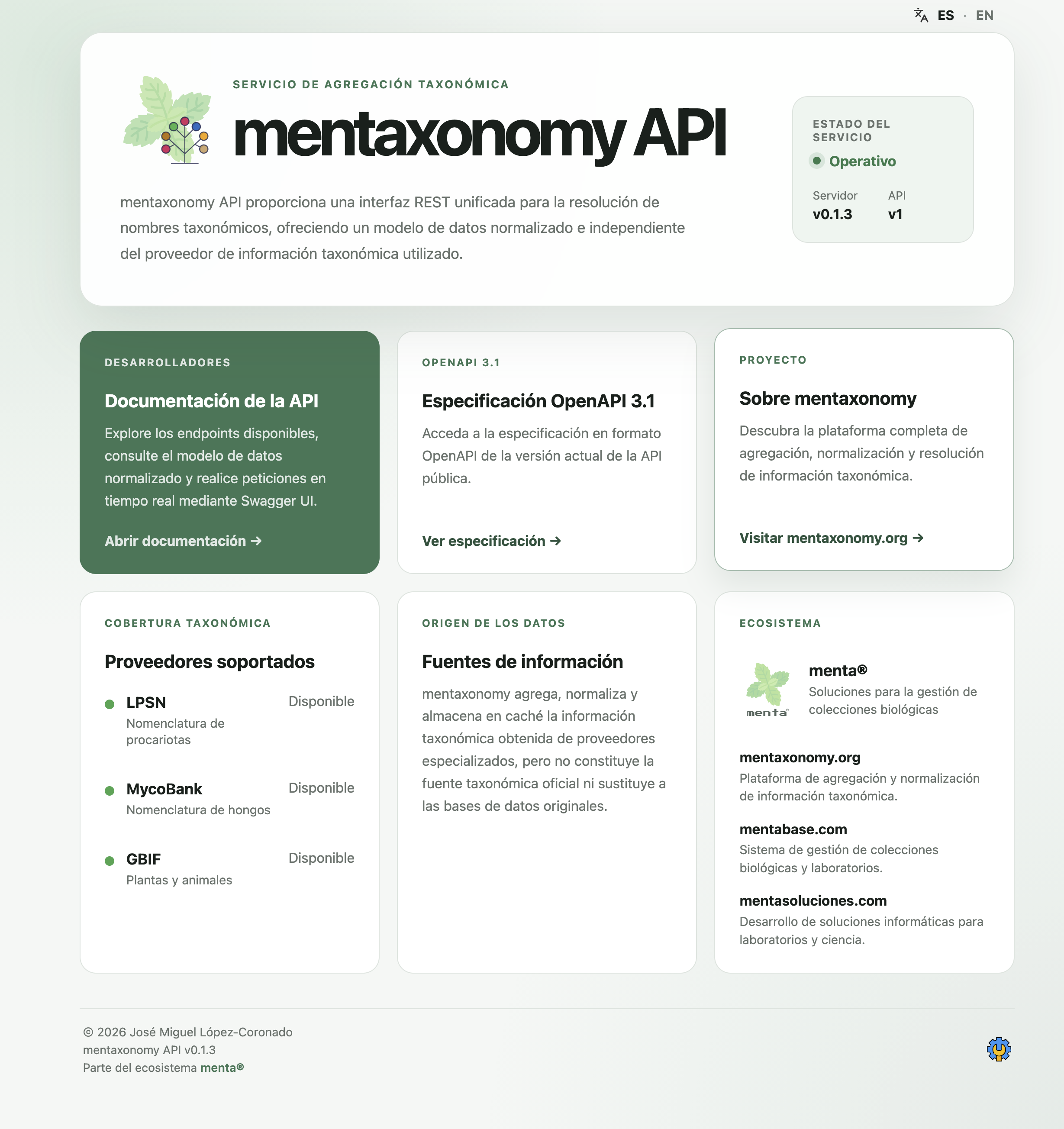 mentaxonomy_api service landing page showing service status, API documentation, OpenAPI specification and supported providers